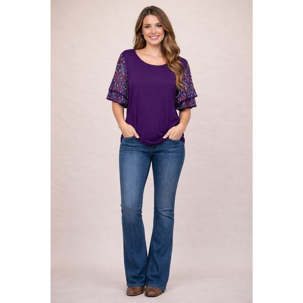 Back In The Saddle Purple Blouse Southwestern Ruffle Sleeves Sz M Cowgirl Rodeo